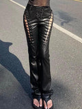 Bomve-Cut-out Lace Up Pu Leather Pants