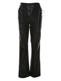 Bomve-Cut-out Lace Up Pu Leather Pants