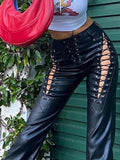 Bomve-Cut-out Lace Up Pu Leather Pants