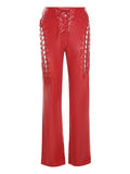 Bomve-Cut-out Lace Up Pu Leather Pants