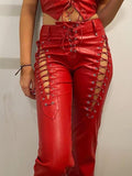 Bomve-Cut-out Lace Up Pu Leather Pants