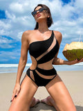 Bomve-Black Friday Christmas Thanksgiving Sexy Asymmetric See-Through Split-Joint One-Shoulder One-Piece Swimwear