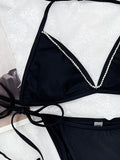 Bomve-Black Friday Christmas Thanksgiving Tie Side Solid Color Halter-Neck Bikini Swimsuit