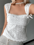 Bomve-Embroidered Bow Lace Stitching Tank Top