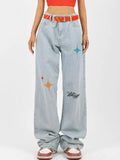 Bomve-Colorful Embroidery High Waist Boyfriend Jeans