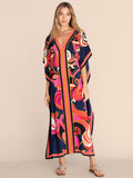 Bomve-Black Friday Christmas Thanksgiving Short Sleeve Floral V-Neck Long Gown Cover-Up Swimwear