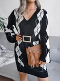 Bomve-Black Friday-Winter outfits Ladies Rhombus Sweater Dress Knitted Dress (Without Belt)