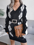 Bomve-Black Friday-Winter outfits Ladies Rhombus Sweater Dress Knitted Dress (Without Belt)