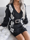 Bomve-Black Friday-Winter outfits Ladies Rhombus Sweater Dress Knitted Dress (Without Belt)