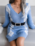 Bomve-Black Friday-Winter outfits Ladies Rhombus Sweater Dress Knitted Dress (Without Belt)