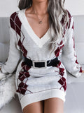 Bomve-Black Friday-Winter outfits Ladies Rhombus Sweater Dress Knitted Dress (Without Belt)