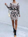 Bomve-Black Friday-Winter outfits Women's knitted long-sleeved leopard print sweater dress (without belt)