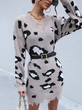 Bomve-Black Friday-Winter outfits Women's knitted long-sleeved leopard print sweater dress (without belt)