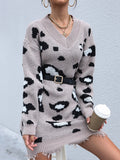 Bomve-Black Friday-Winter outfits Women's knitted long-sleeved leopard print sweater dress (without belt)