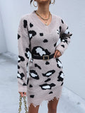 Bomve-Black Friday-Winter outfits Women's knitted long-sleeved leopard print sweater dress (without belt)