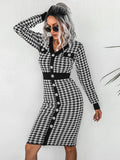 Bomve-Black Friday-Winter outfits Women's bird check color collision V-neck knit sweater dress