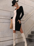 Bomve-Black Friday-Winter outfits Pullover Commuter Colorblock Knit Shift Sweater Dress