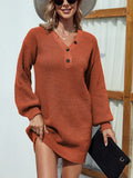 Bomve-Black Friday-Winter outfits Solid color V-neck button mid-length lantern sleeve knitted sweater dress