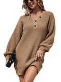 Bomve-Black Friday-Winter outfits Solid color V-neck button mid-length lantern sleeve knitted sweater dress