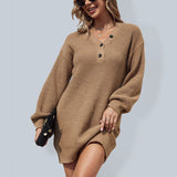 Bomve-Black Friday-Winter outfits Solid color V-neck button mid-length lantern sleeve knitted sweater dress