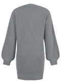 Bomve-Black Friday-Winter outfits Solid color V-neck button mid-length lantern sleeve knitted sweater dress