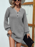 Bomve-Black Friday-Winter outfits Solid color V-neck button mid-length lantern sleeve knitted sweater dress