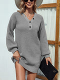 Bomve-Black Friday-Winter outfits Solid color V-neck button mid-length lantern sleeve knitted sweater dress