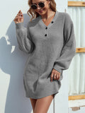 Bomve-Black Friday-Winter outfits Solid color V-neck button mid-length lantern sleeve knitted sweater dress