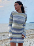 Bomve-Black Friday-Winter outfits New women's sexy open back bell sleeve striped sweater dress