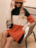 Bomve-Black Friday-Winter outfits Women's Casual Color Block Dress Crew Neck Knit Long Sweater