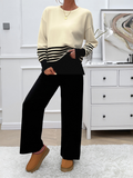 Bomve-Black Friday-Winter outfits Casual Loose Clashing Color Straight Pants Sweater Set