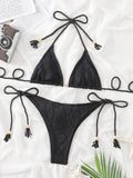 Bomve-New plain tassel split beach swimsuit set bikini