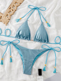 Bomve-New plain tassel split beach swimsuit set bikini