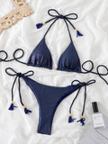 Bomve-New plain tassel split beach swimsuit set bikini