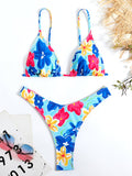 Bomve-Feminine printed high-waisted strappy two-piece bikini