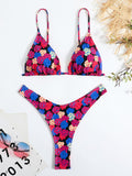 Bomve-Feminine printed high-waisted strappy two-piece bikini