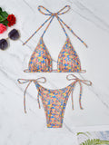 Bomve-Small floral lace-up bikini beach sexy split swimsuit