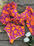 Bomve-New Fashion Sexy Printed Vacation Long Sleeve Bikini Set