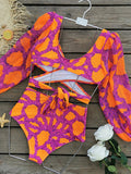 Bomve-New Fashion Sexy Printed Vacation Long Sleeve Bikini Set