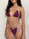 Bomve-Sexy solid color bikini swimsuit bow tie biniki swimsuit