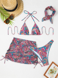 Bomve-Cashew flower print lace-up swimsuit bikini sexy two-piece swimsuit four-piece set