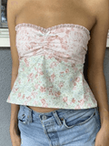 Bomve-Lace Stitching Plaid Bandeau Top