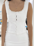 Bomve-White Lace Trim Button Front Tank Top