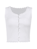 Bomve-White Lace Trim Button Front Tank Top